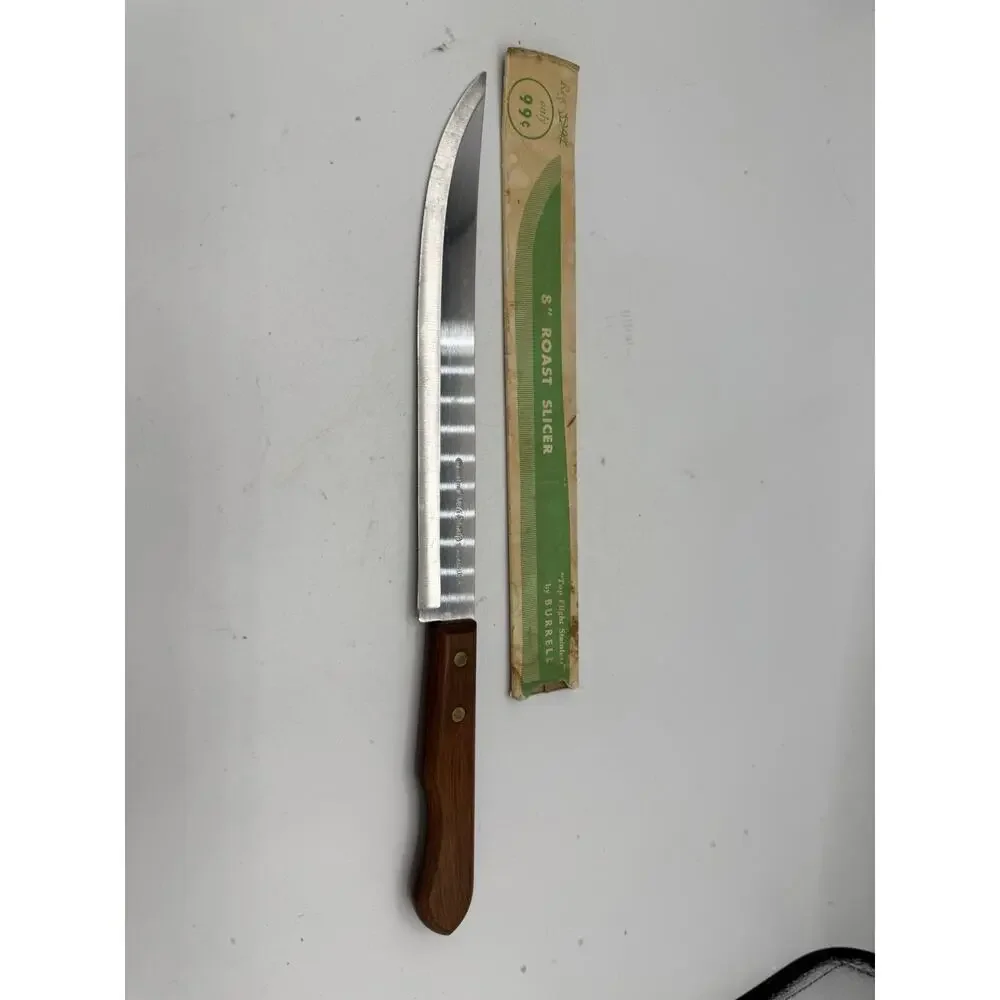 Vintage Burrell 8” Roast Slicer Knife – Stainless Steel Blade – Wood Handle